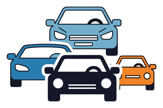 A dynamic group of diverse cars depicted in a frontfacing perspective, representing various transportation, automotive, and urban mobility concepts.
