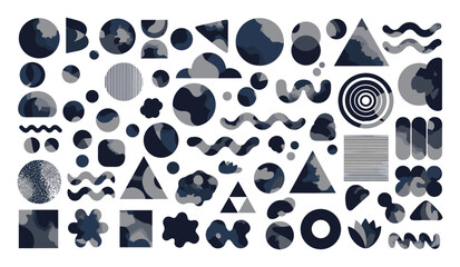 Fototapeta premium Variety of abstract geometric and organic shapes in layered blue and grey textures suitable for modern graphic design, contemporary digital layouts, and creative visual assets
