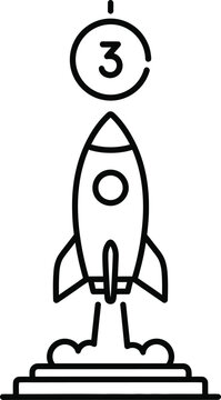 Rocket launch icon, simple line art, number 3, minimalistic design, black and white vector graphic