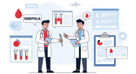 Two doctors in lab coats analyzing blood test results and data charts. Concept illustration for hematology medical research and hemophilia awareness with scientific graphics and blood drop icons. © Akter