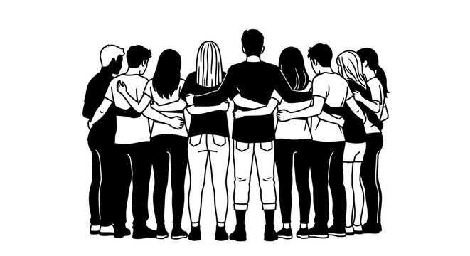 A diverse group of people standing together in a supportive circle with arms around each other.