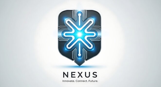 Futuristic Nexus Technology Logo with Glowing Blue Circuitry Shield