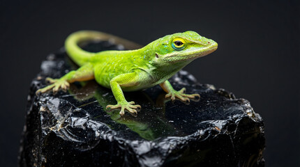 Fototapeta premium Vibrant green anole lizard perched on a dark reflective obsidian rock against a black background, highlighting intricate scale textures and bright colors.