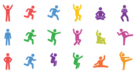 Obraz premium Collection of flat vector icons depicting people in various poses. Set includes characters running, jumping, sitting, and celebrating. Vibrant silhouette human shapes on plain white background.
