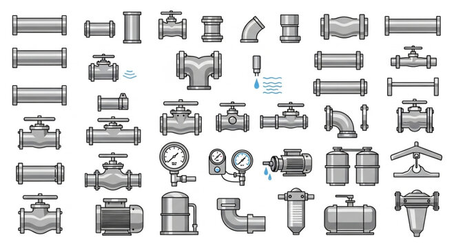 Assorted Pipe Fittings and Valves Illustration.
