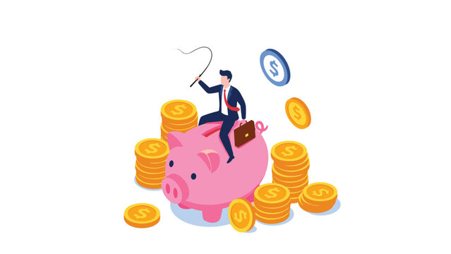 Isometric financial management concept with a businessman riding a large pink piggy bank surrounded by stacks of gold coins.