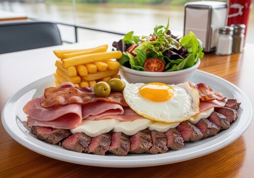 Delicious brazilian chivito steak plate with fried egg, ham, bacon, melted cheese, french fries and salad