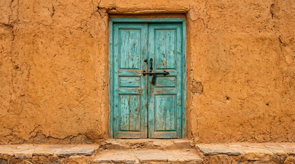 Fototapeta premium Old weathered turquoise wooden double door set in a textured orange mud wall of a traditional rustic adobe building in the desert.