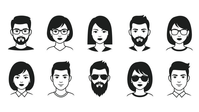 Diverse set of minimalist human face avatars in black and white including men and women with various hairstyles and glasses.
