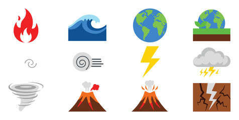 Collection of natural disaster and weather phenomenon icons including fire, wave, earth, wind, lightning, tornado, volcano, and earthquake for environmental safety and climate change
