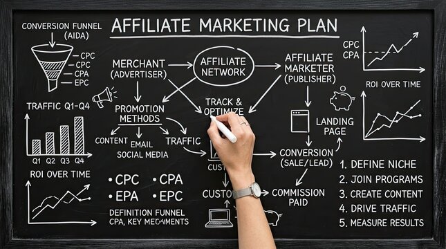 Hand drawing an affiliate marketing plan on a blackboard with various diagrams and flowcharts.