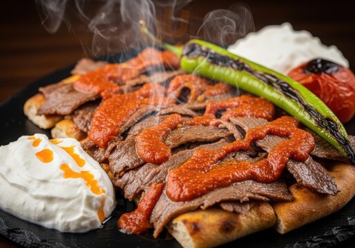 Traditional turkish iskender kebab with thinly sliced meat, tomato sauce, yogurt, grilled green pepper and pita bread
