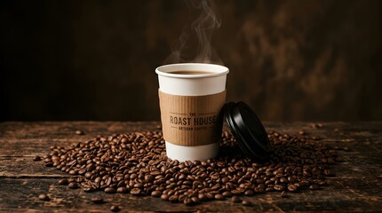 Naklejka premium Steaming hot coffee in a disposable cup surrounded by roasted coffee beans on a rustic wooden table.