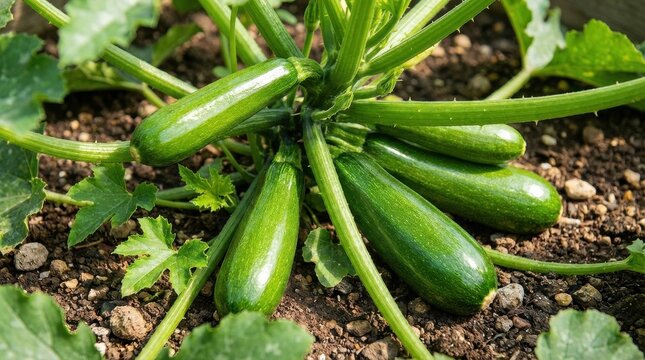 Fresh green zucchini growing in the vegetable garden