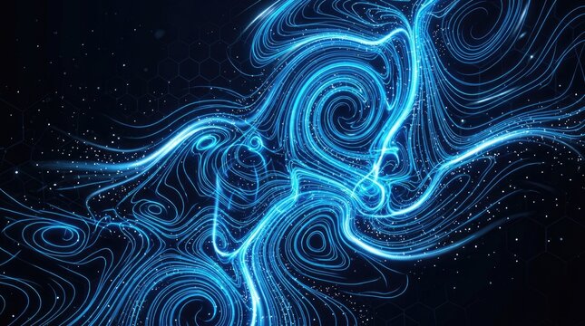 Abstract Blue Swirling Energy Lines and Particles on Dark Background.