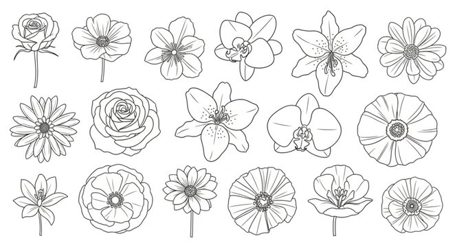 Detailed black and white floral illustration of various flower types.