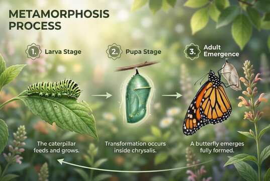 Educational diagram of the metamorphosis process showing caterpillar pupa and adult monarch butterfly stages in a natural garden setting