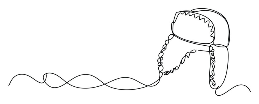 Continuous line drawing of a warm winter ushanka fur hat with ear flaps, perfect for cold weather apparel advertisements, minimalist graphic design, or winter season accessory promotions.