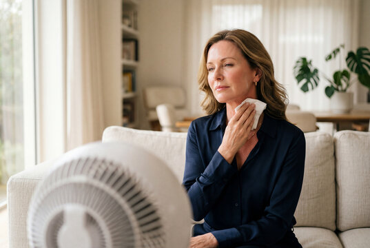Middle aged caucasian woman wiping sweat from her neck while sitting near a cooling fan
