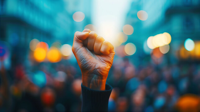 A raised fist symbolizes protest and solidarity against a blurred urban background.