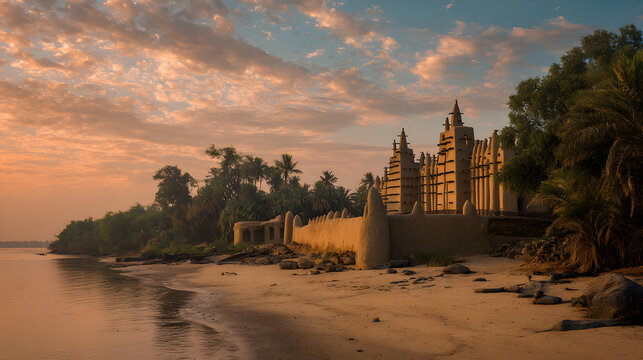 A view of a unique mud-covered palace in Djenna&eacute;, Mali. A background illustration of a historical site in Mali.