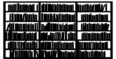 Black Silhouette Bookshelf Vector Graphic with Rows of Books © Rezowan 
