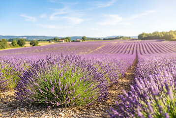 Fototapeta premium Large field of blooming purple lavender under a bright clear sky