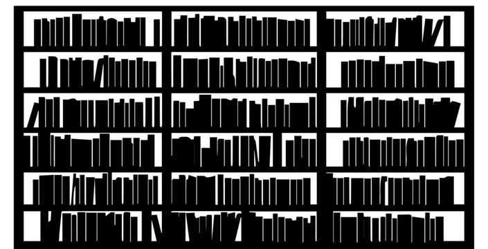 Black Silhouette Bookshelf Vector Graphic with Rows of Books