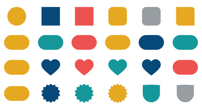 Collection of simple geometric shapes including circles, squares, rounded rectangles, and hearts in various colors. Versatile for modern design and graphic projects.