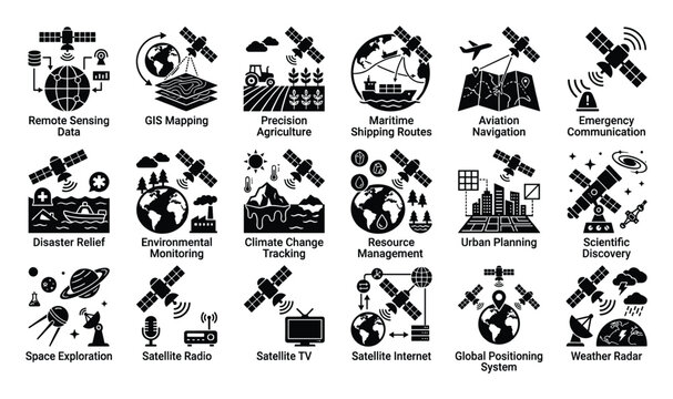 Satellite applications icon set showcasing global communication, remote sensing, navigation, environmental monitoring, and disaster relief solutions for educational and informational
