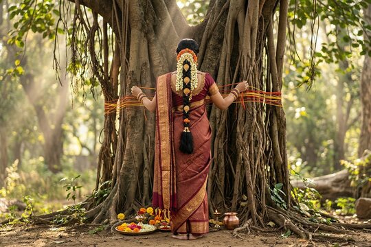 Vad Savitri Back View Woman Banyan Tree Ritual