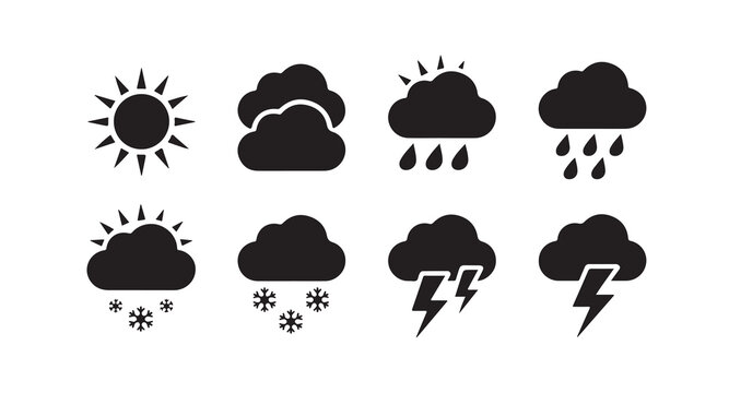 Diverse weather icons depicting sun clouds rain snow thunderstorms and lightning strikes