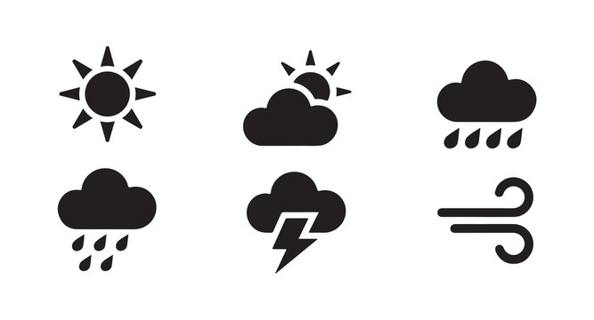 Weather icon set featuring sun clouds rain lightning and wind symbols for forecast and meteorology