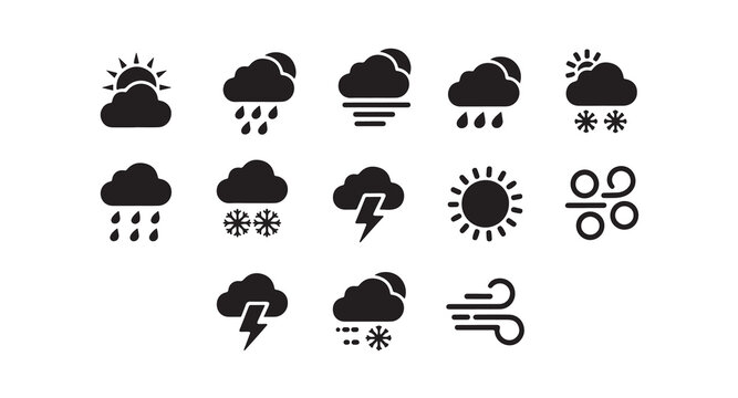 Weather forecast icons set with sun rain snow wind lightning on white background