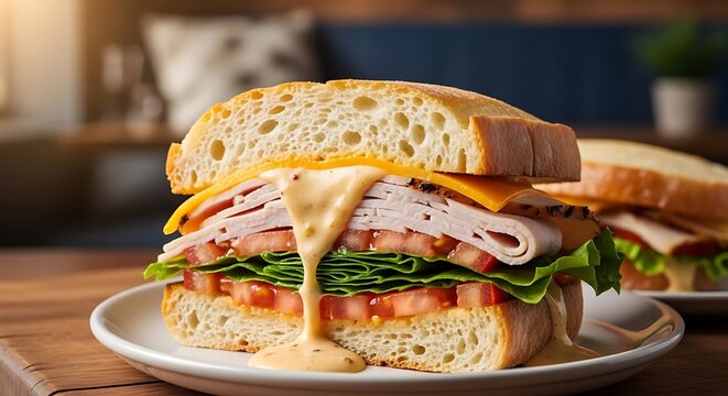 Delicious turkey and cheese sandwich with lettuce, tomatoes, and creamy sauce.