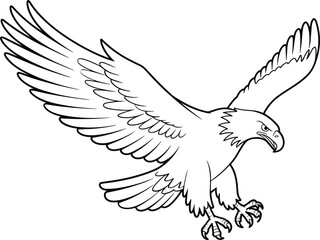 Fototapeta premium Majestic bald eagle flying with open wings, black and white line art mascot, powerful bird vector illustration