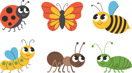 Fototapeta premium Colorful Garden Bug Vector Set With Happy Characters Including Honeybee Monarch Butterfly Ladybird And Small Ant