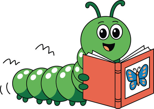 Cute cartoon caterpillar reading red book, green worm character studying, education and literacy vector illustration