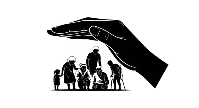 Illustration of a giant hand protecting vulnerable people.