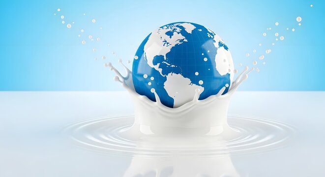 A blue and white globe sitting on top of a puddle of water