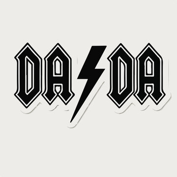 Bold typographic design featuring the word dada with a central lightning bolt symbol rendered in a classic rock band style