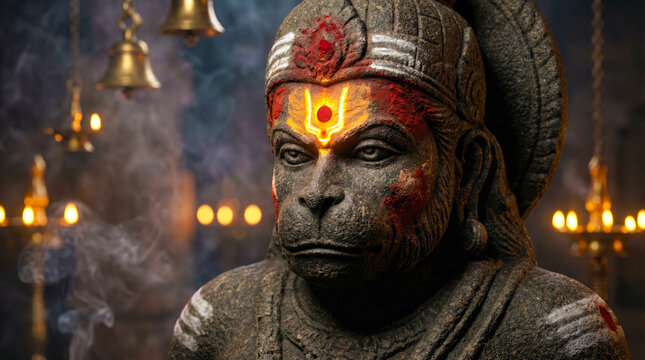 Hanuman Ji Statue Divine AI Generated Artwork, Bajrang Bali Murti in Temple, Ram Bhakt Hanuman Spiritual Sculpture, Sacred Hindu God 4K Mythological Art