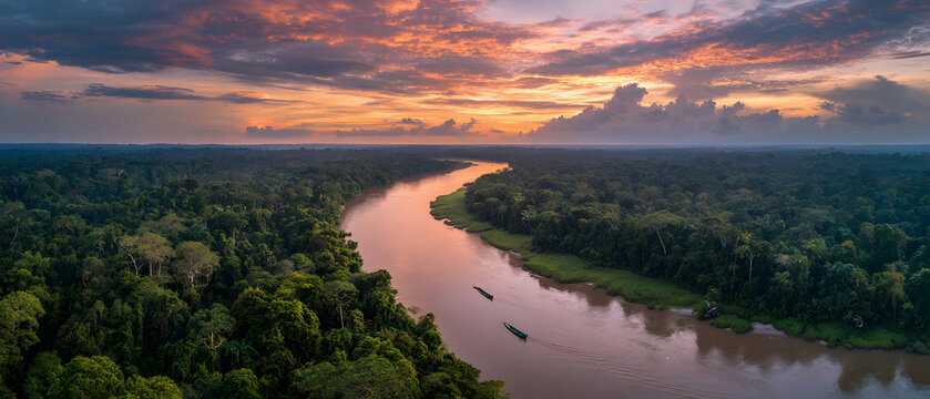 The Congo River flowing through dense tropical rainforest in the Democratic Republic of the Congo. Background illustration of the river in the Democratic Republic of the Congo.