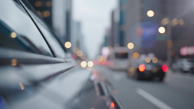 City street view from a car window with blurred lights.