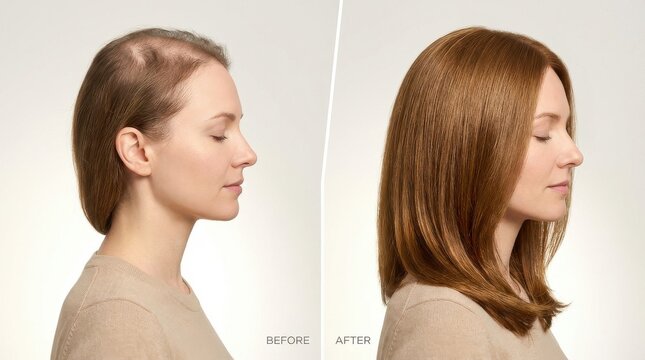 Woman with hair loss before and after using hair replacement solution