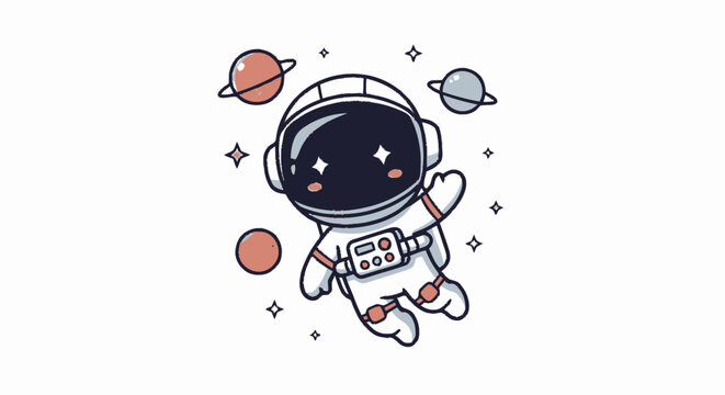 Cartoon astronaut floating in space with planets and stars illustration.