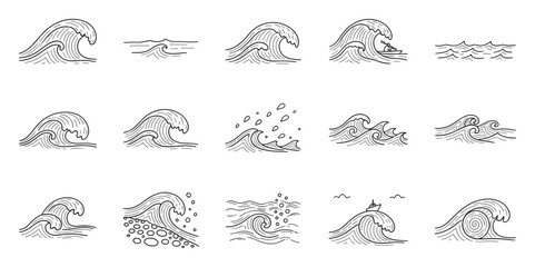 Obraz premium Hand drawn ocean waves in various dynamic forms perfect for marine themed graphic design projects, educational resources, travel marketing, or nature themed media