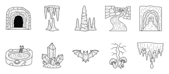 Obraz premium Hand drawn outline cave environment elements featuring tunnels, stalactites, stalagmites, crystals, bat, hot spring, and mushrooms, ideal for game design or fantasy adventure projects