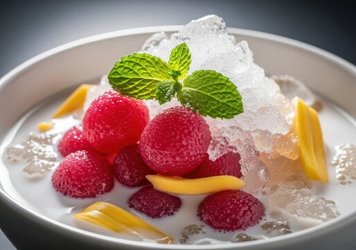 Thai dessert tub tim krob, red ruby water chestnuts in coconut milk with shaved ice and jackfruit