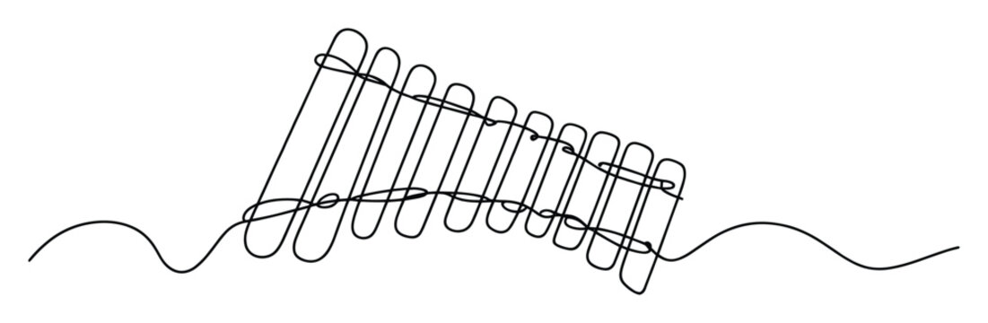 Minimalist continuous line art drawing depicting a traditional pan flute musical instrument perfect for music school brochures, creative website backgrounds, or educational applications